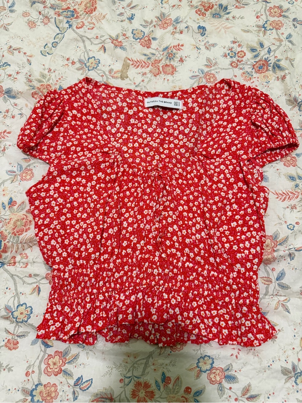 Faithfull the Brand Red Ditsy Floral Smocked Crop Top